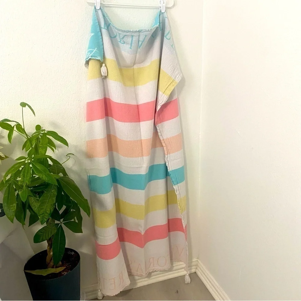 Victoria Secret Throw Beach Blanket 50x60” Peach Pink Yellow Blue 100% Cotton